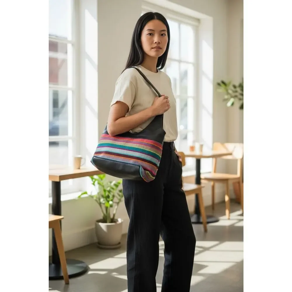 Moroccan Black Leather & Woven Handmade Multicolored Material 15” Purse Handbag